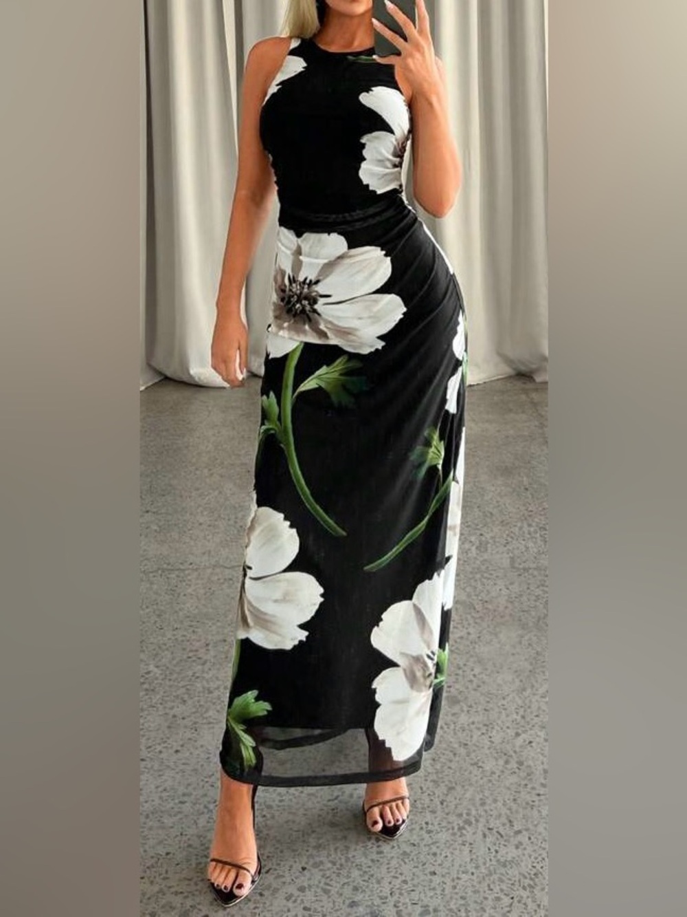 Black Floral Maxi Dress with White Bloom Print and side ruching